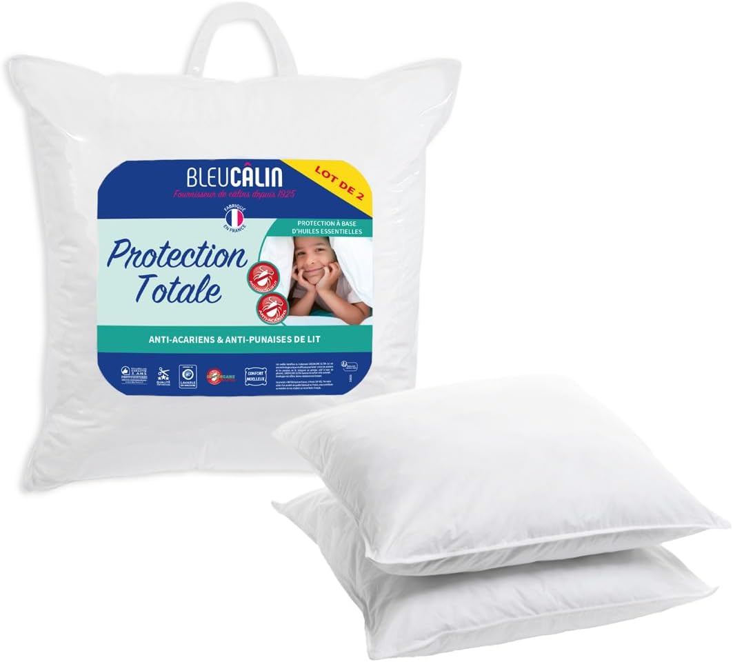 Lot de 2 oreillers anti-acariens Bleu Câlin · 60x60 cm